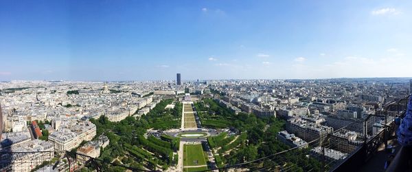 High angle view of city buildings against sky