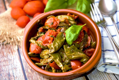 High angle view of salad in bowl on table