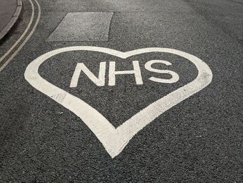High angle view of text on road