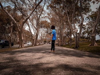 Rear view of man standing on footpath amidst trees