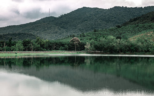 Scenic view of lake and mountains against sky