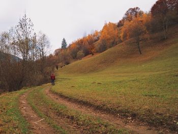 Rear view of woman walking on field