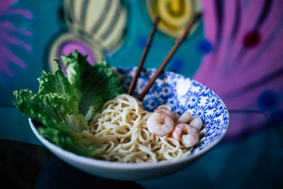 Fresh dinner with shrimp, spaghetti and salad