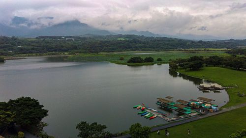 High angle view of lake against sky