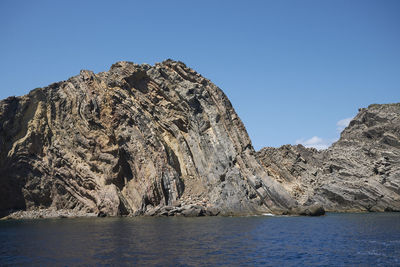 Rock formation by sea against clear blue sky