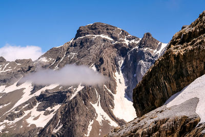 Low angle view of snowcapped mountains against sky