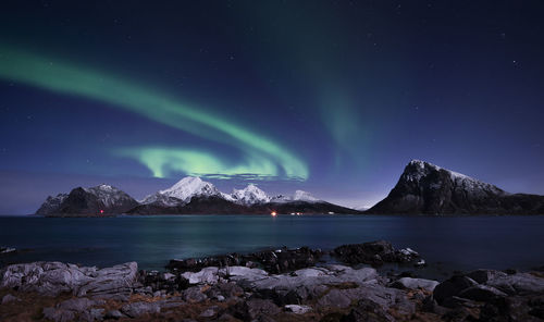 Scenic view of snowcapped mountains against sky at night