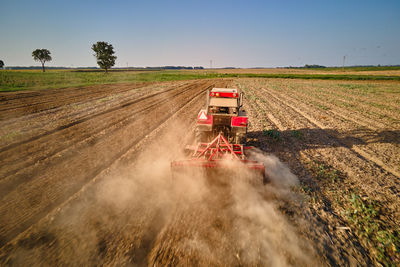 Scenic view of agricultural field against clear sky