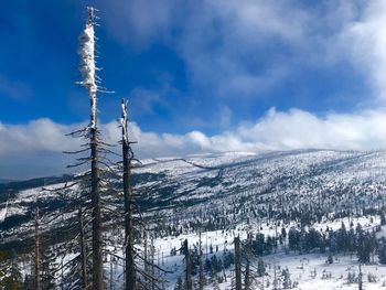 Scenic view of snowcapped mountains against sky