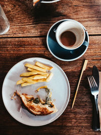 High angle view of bread and coffee on table