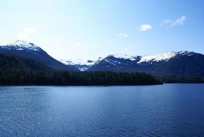 Scenic view of lake and snowcapped mountains against sky