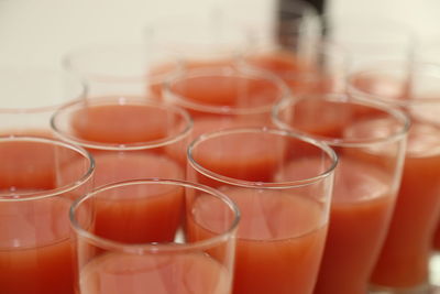 Close-up of red juices served on table