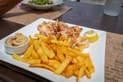 High angle view of food served on table