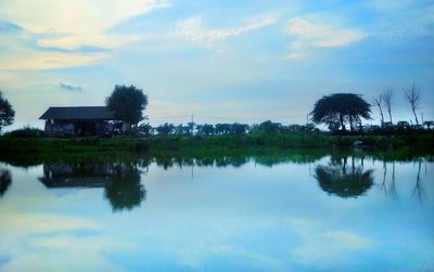 Reflection of trees and sky on water