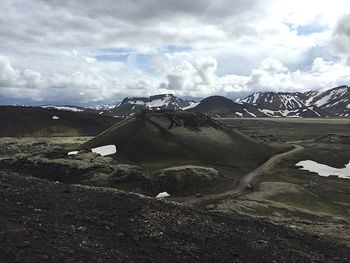 Scenic view of mountains against cloudy sky