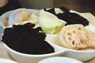 High angle view of food served on table