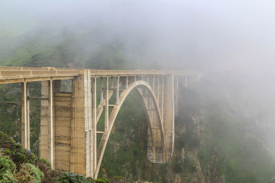 Arch bridge amidst trees during foggy weather