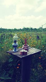 Scenic view of table on field against sky