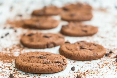 Close-up of chocolate chip cookies on table