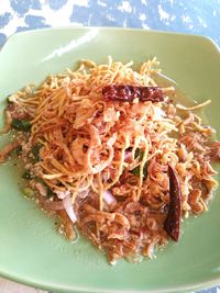 Close-up of noodles served in plate