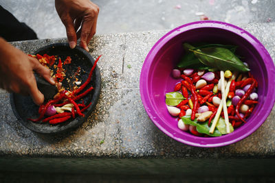 High angle view of person preparing food