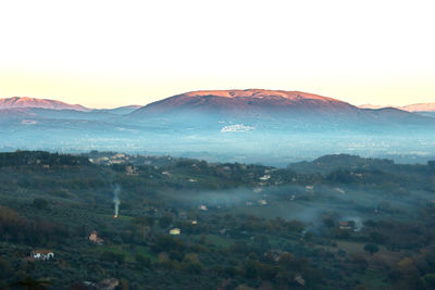 Aerial view of landscape against sky during sunset