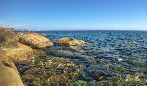 Scenic view of sea against clear sky