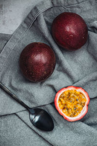 High angle view of fruits served on table