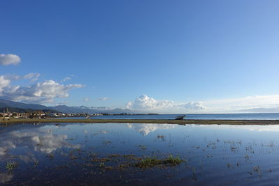 Scenic view of lake against blue sky