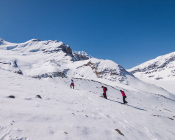 People on snowcapped mountain against clear sky