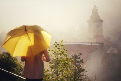 Rear view of woman with umbrella standing against land