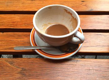 Close-up of coffee cup on wooden table