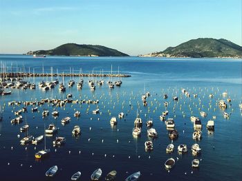 High angle view of sailboats in sea against sky