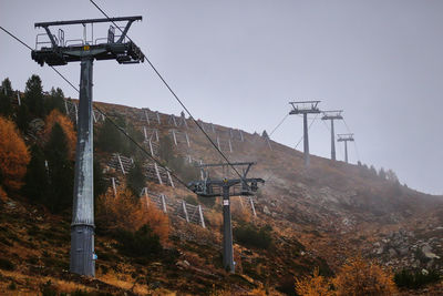 Low angle view of overhead cable car against sky