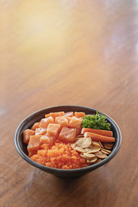 High angle view of food in bowl on table