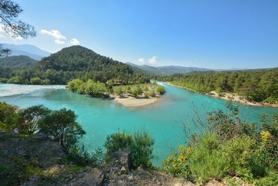 Scenic view of lake and mountains against sky