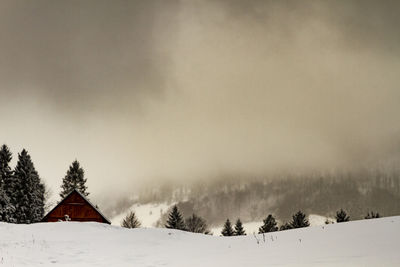 Panoramic view of snow covered landscape and trees against sky