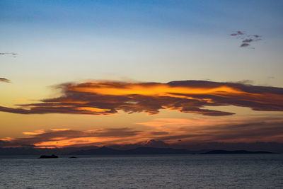 Scenic view of sea against dramatic sky during sunset