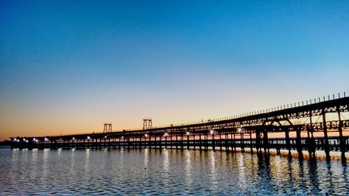 Bridge over calm river against clear sky at dusk