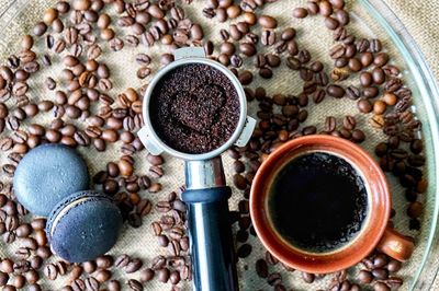 High angle view of coffee beans on table