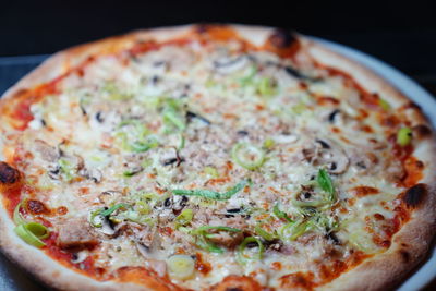 Close-up of pizza served on table