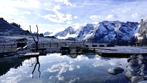 Scenic view of lake and snowcapped mountains against sky