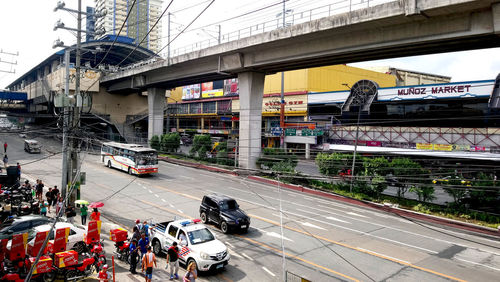 High angle view of people on road in city