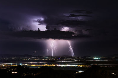 Lightning over illuminated cityscape against dramatic sky