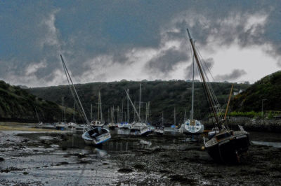 Sailboats moored on shore against sky