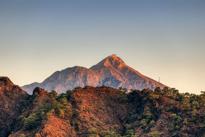 Scenic view of rocky mountains against sky during sunset