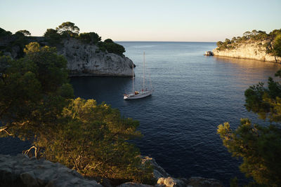 High angle view of sea against clear sky