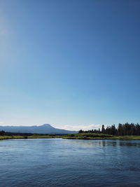 Scenic view of lake against clear blue sky