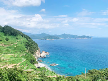 Scenic view of sea and mountains against sky