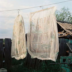 Close-up of clothes drying on roof